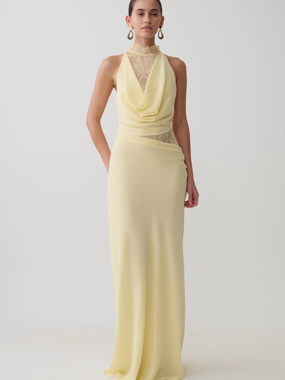 Meshki Arra Chiffon and Lace Halter Maxi Dress — Lemon